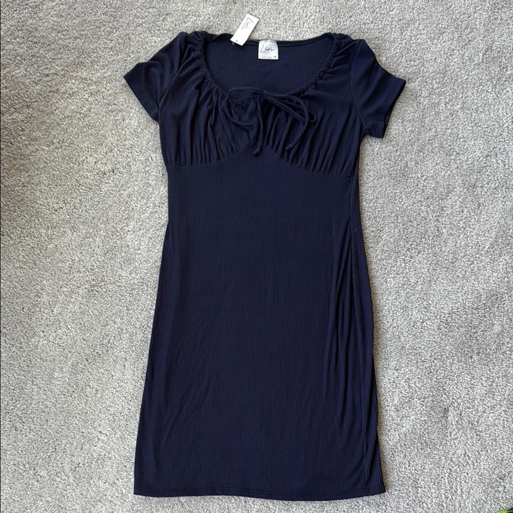 Navy Blue Ruched Scoop Neck Ribbed Mini Dress Size Medium